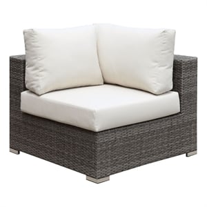 Benjara Faux Rattan Corner Chair with Seat & Back Cushions- Brown & White