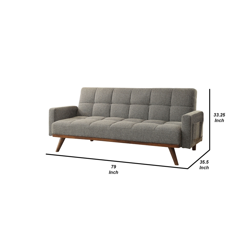 Benjara Fabric Upholstered Tufted Futon Sofa with Angled Wooden Legs- Light Gray