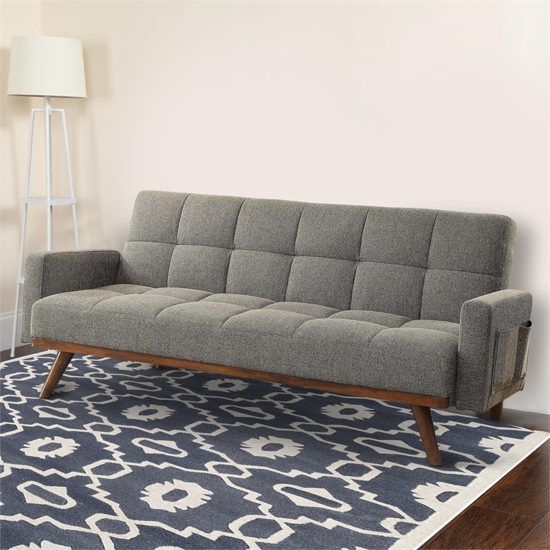 Benjara Fabric Upholstered Tufted Futon Sofa with Angled Wooden Legs- Light Gray