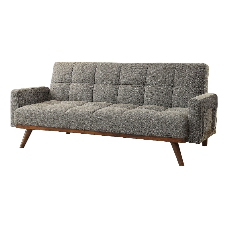 Benjara Fabric Upholstered Tufted Futon Sofa with Angled Wooden Legs- Light Gray