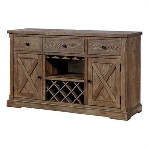 Benjara 60&quot Rustic Wood Server Buffet Cabinet Console- Wine Bar- Stemware- Oak