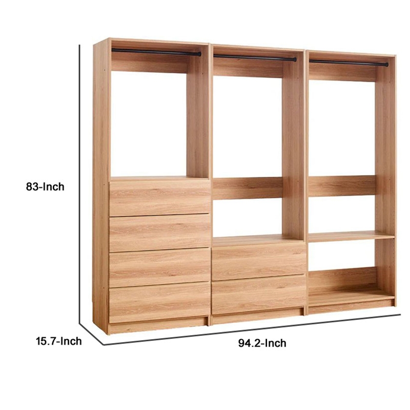Benjara Dee Walk In Closet- Modular Freestanding Storage 4 Shelf 3 Rods- Brown