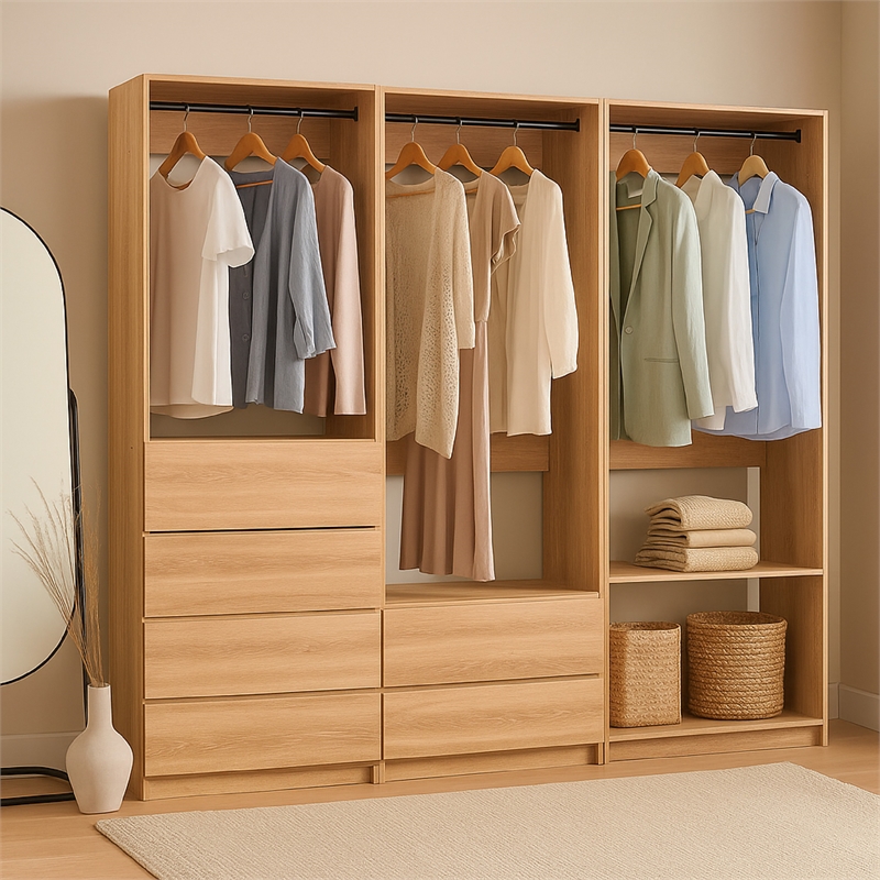 Benjara Dee Walk In Closet- Modular Freestanding Storage 4 Shelf 3 Rods- Brown