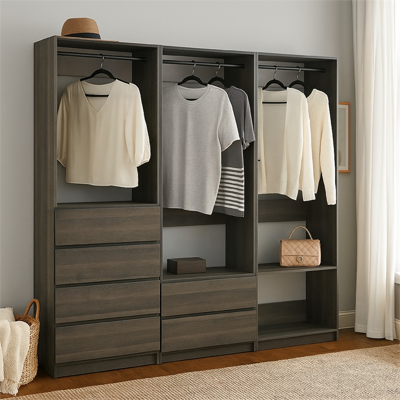 Benjara Dee Walk In Closet- Modular Freestanding Storage 4 Shelf 3 Rods- Black