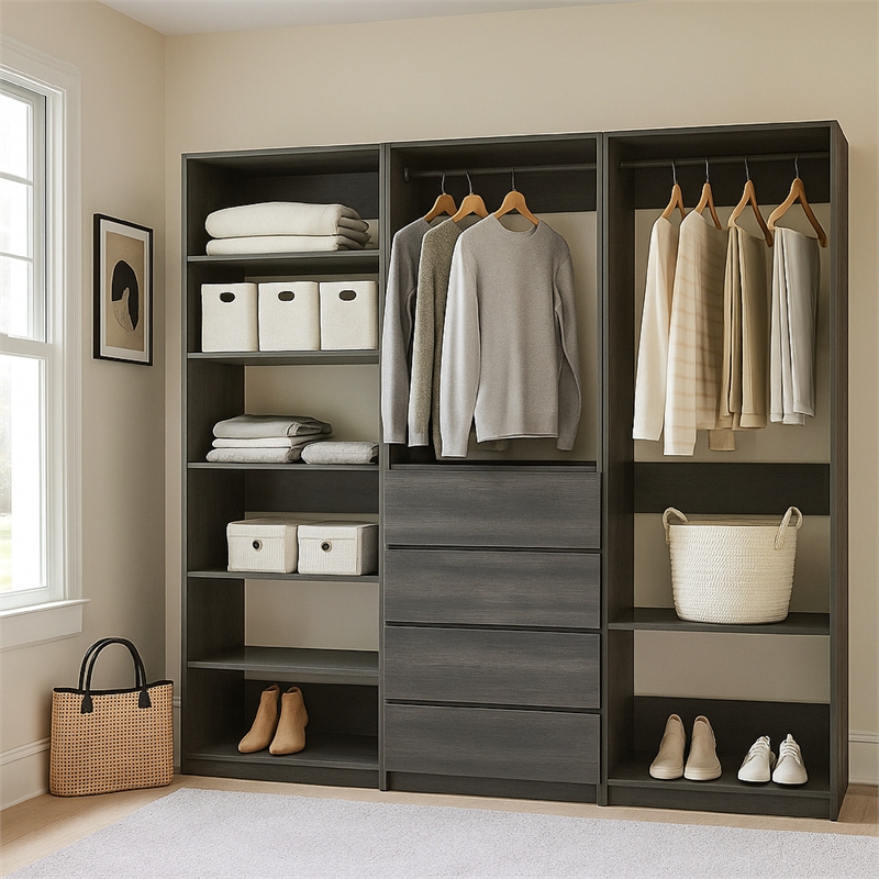 Benjara Dee Walk In Closet- Modular Freestanding Storage 9 Shelf 2 Rods Black