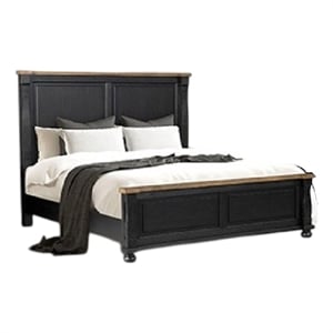 Benjara Ginie King Bed- Tall Headboard- Farmhouse Legs- Black Oak Brown Oak
