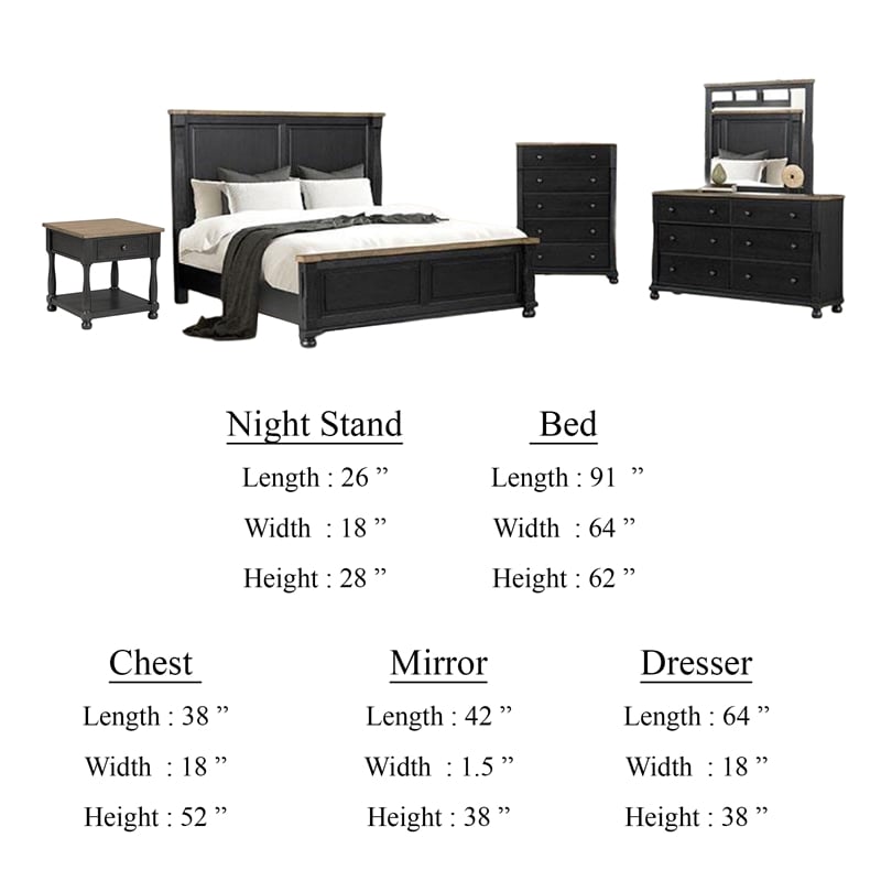 Benjara Ginie 5pc Queen Bedroom Set- USB Bedside Table- Black Rustic Oak Brown