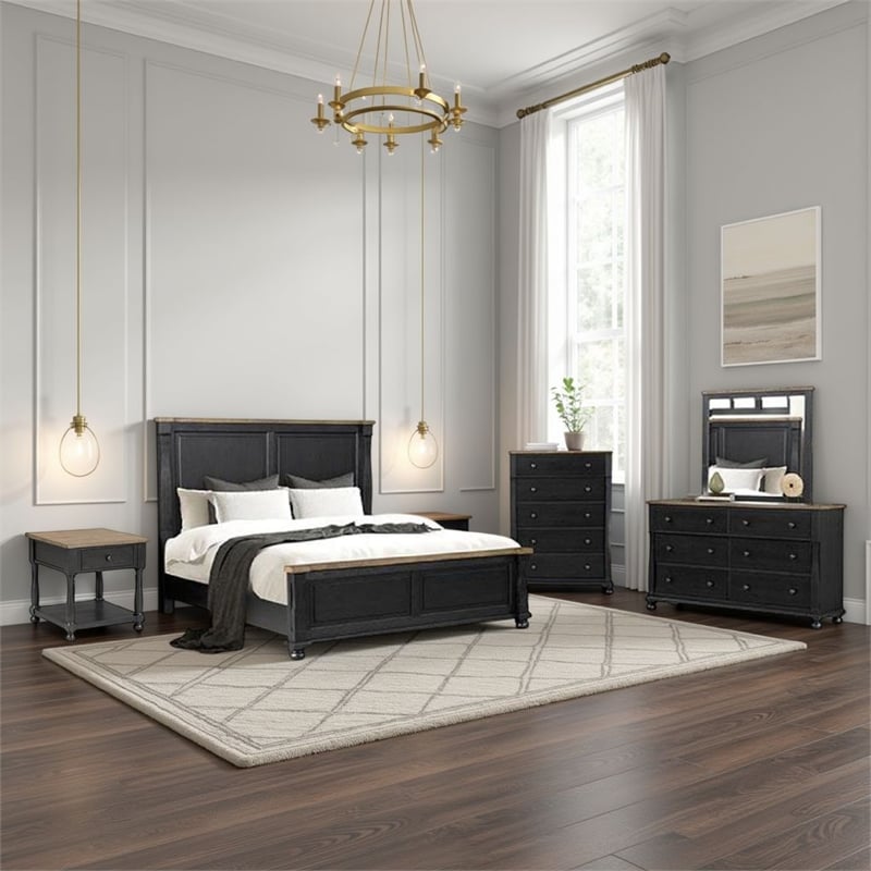 Benjara Ginie 5pc Queen Bedroom Set- USB Bedside Table- Black Rustic Oak Brown