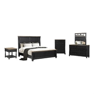 Benjara Ginie 5pc Queen Bedroom Set- USB Bedside Table- Black Rustic Oak Brown