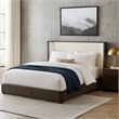 Benjara Jeh King Size Bed- White Upholstered- Espresso Brown Ribbed Details