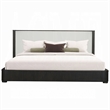 Benjara Jeh Queen Size Bed- White Upholstered- Espresso Brown Ribbed Details