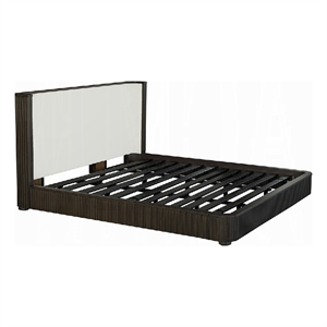 Benjara Jeh Queen Size Bed- White Upholstered- Espresso Brown Ribbed Details