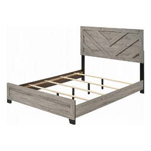 Benjara Rachy Queen Bed- Farmhouse Chevron Headboard- Light Gray Black Wood