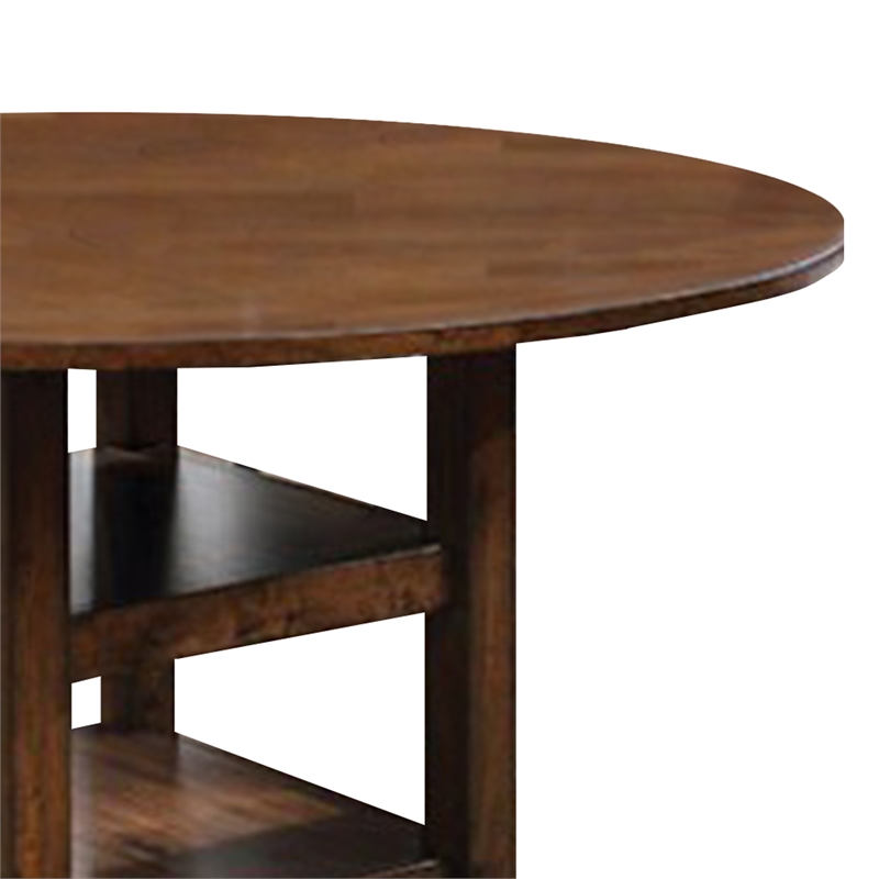 Benjara Wooden Round Counter Height Table with Open Bottom Shelves- Brown