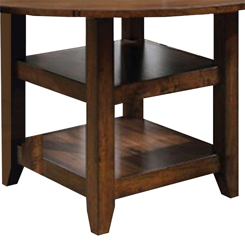 Benjara Wooden Round Counter Height Table with Open Bottom Shelves- Brown