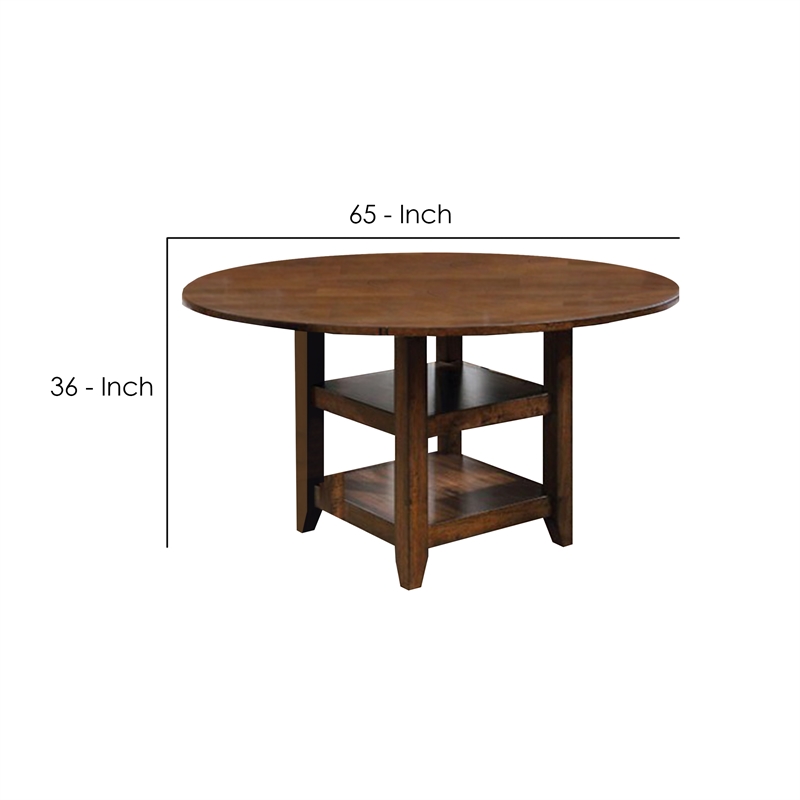 Benjara Wooden Round Counter Height Table with Open Bottom Shelves- Brown