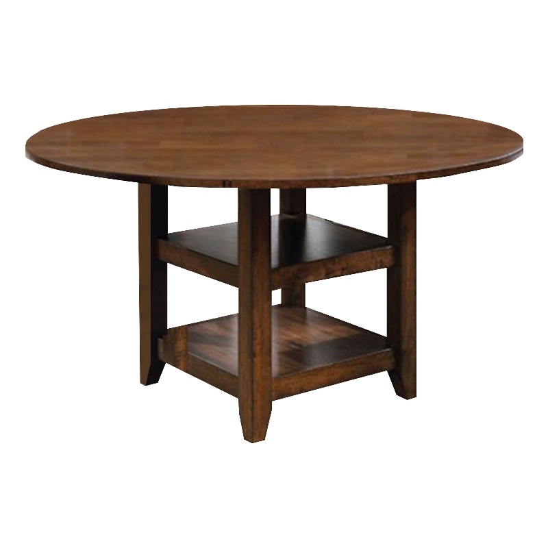 Benjara Wooden Round Counter Height Table with Open Bottom Shelves- Brown