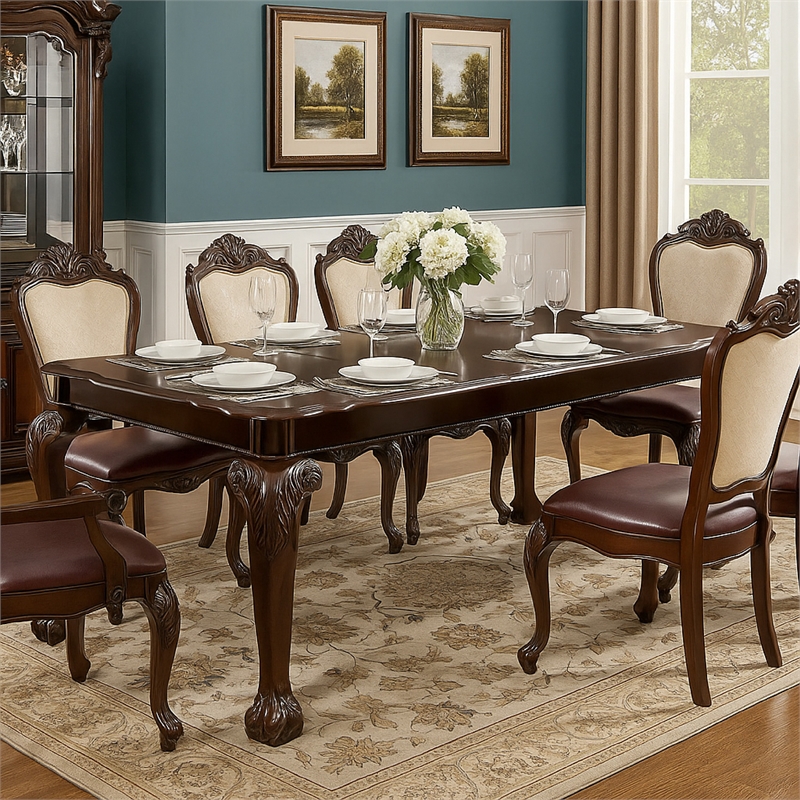 Benjara Rectangular Wooden Dining Table w/ Extendable Leaf- Cherry Brown