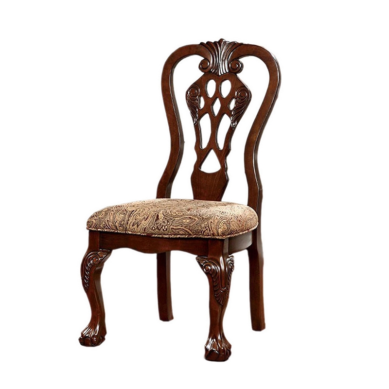 Benjara Elana Traditional Side Chair With fabric- Brown Cherry Finish (Set of 2)