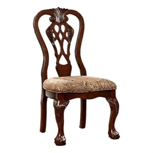 Benjara Elana Traditional Side Chair With fabric- Brown Cherry Finish (Set of 2)