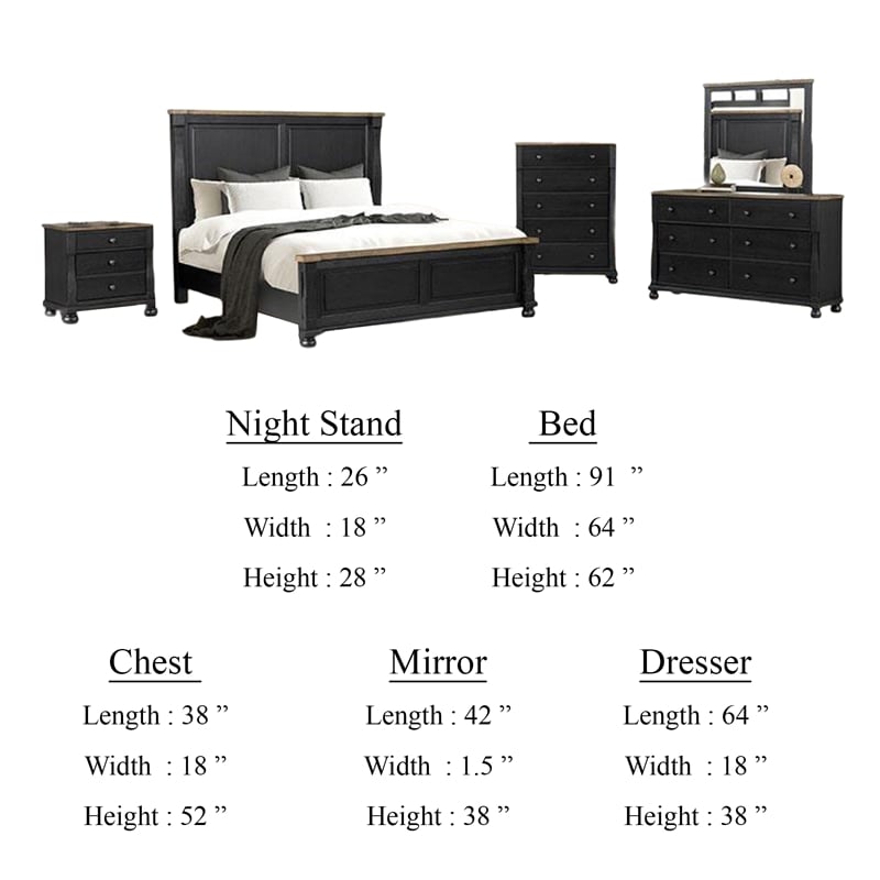 Benjara Ginie 5pc Queen Bedroom Set- USB Nightstand- Black Rustic Oak Brown