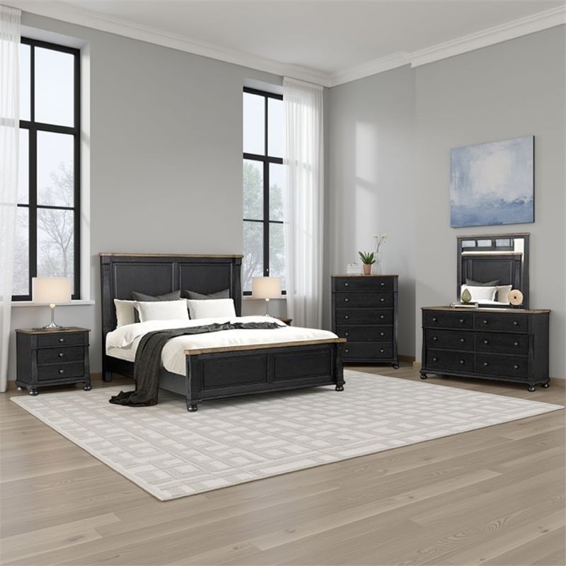 Benjara Ginie 5pc Queen Bedroom Set- USB Nightstand- Black Rustic Oak Brown