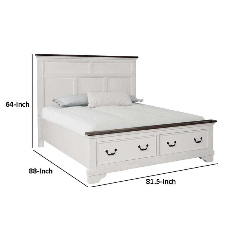 Benjara Hamps King Size Bed- 2 Drawers- White and Dark Brown Solid Wood Frame
