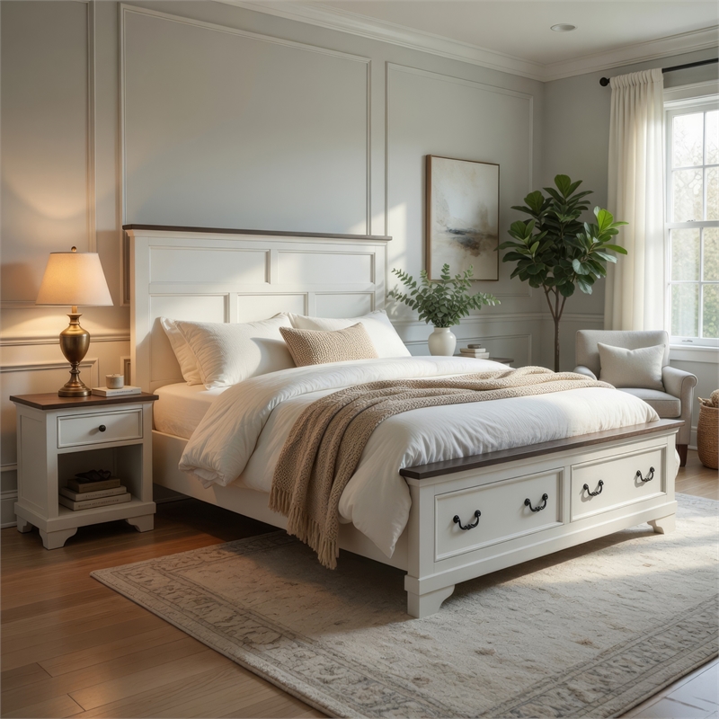 Benjara Hamps King Size Bed- 2 Drawers- White and Dark Brown Solid Wood Frame