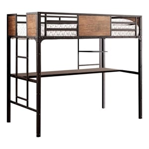 Benjara Wooden & Metal Twin Size Bunk Bed With Workstation- Black