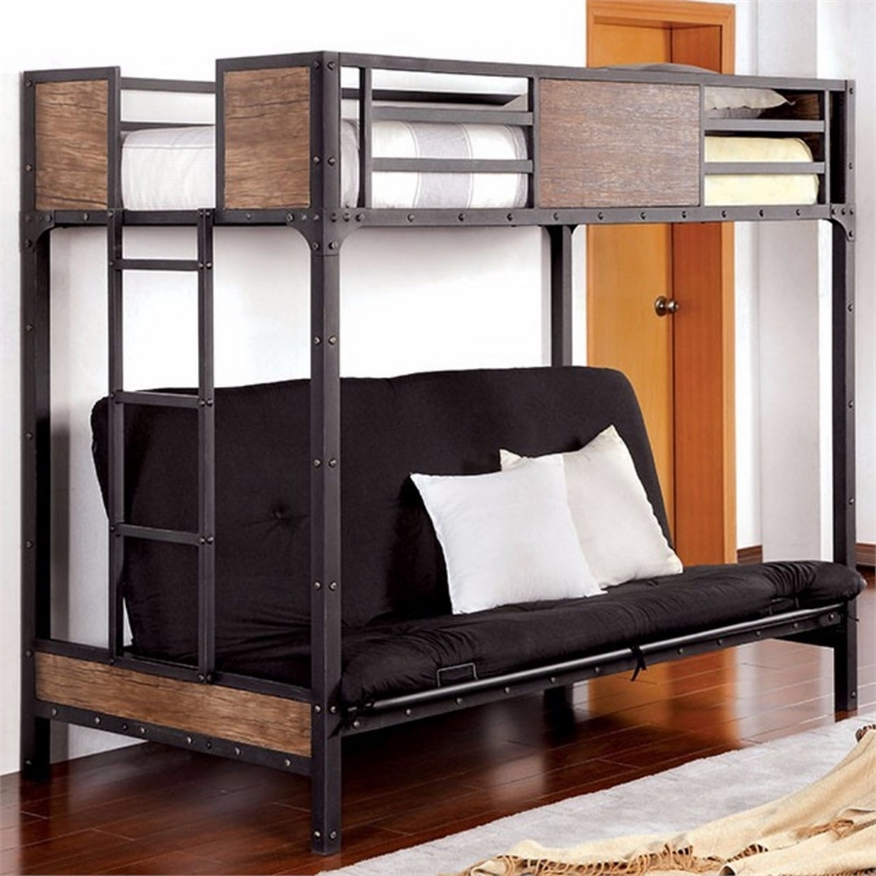 Benjara Wooden & Metal Twin Futon Base Bunk Bed- Black