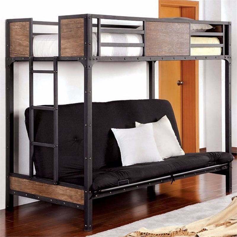 Benjara Wooden & Metal Twin Futon Base Bunk Bed- Black
