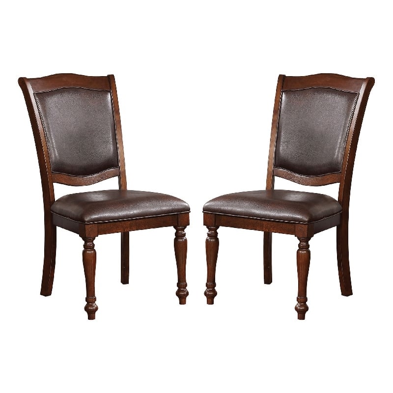 Benjara Wooden Side Chair with Leatherette Cushioned Seating- Brown (Set of 2)