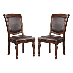 Benjara Wooden Side Chair with Leatherette Cushioned Seating- Brown (Set of 2)