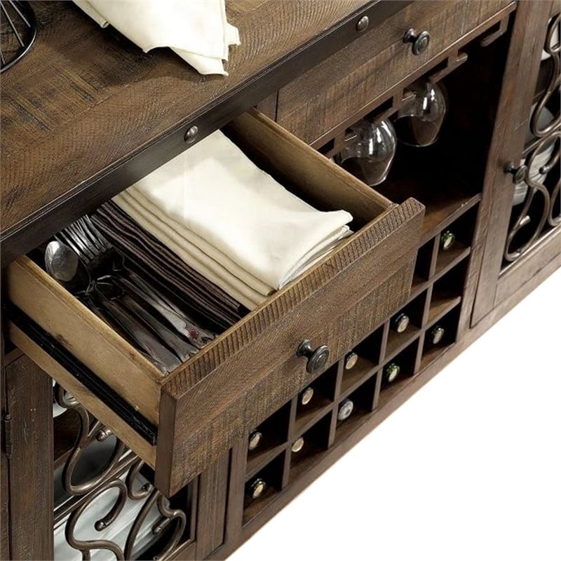 Benjara Wooden Server with Wine Holder- Brown