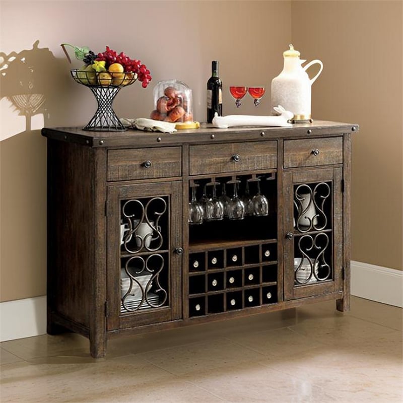 Benjara Wooden Server with Wine Holder- Brown