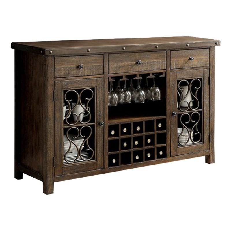 Benjara Wooden Server with Wine Holder- Brown