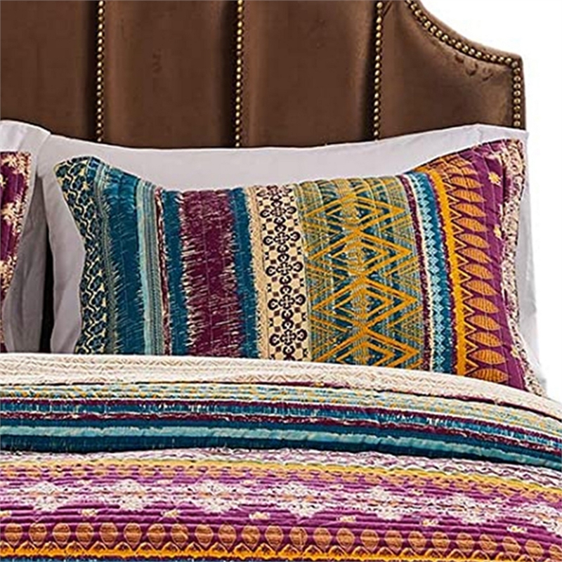 Benjara Tribal Motif Print Cotton Twin Quilt Set with 1 Pillow Sham- Multicolor