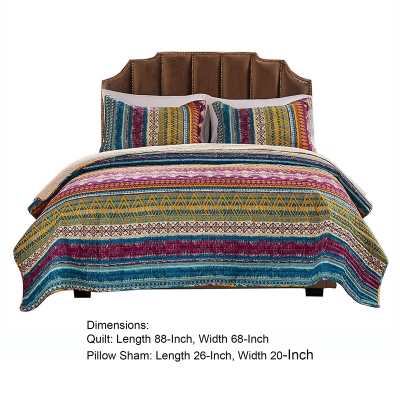 Benjara Tribal Motif Print Cotton Twin Quilt Set with 1 Pillow Sham- Multicolor
