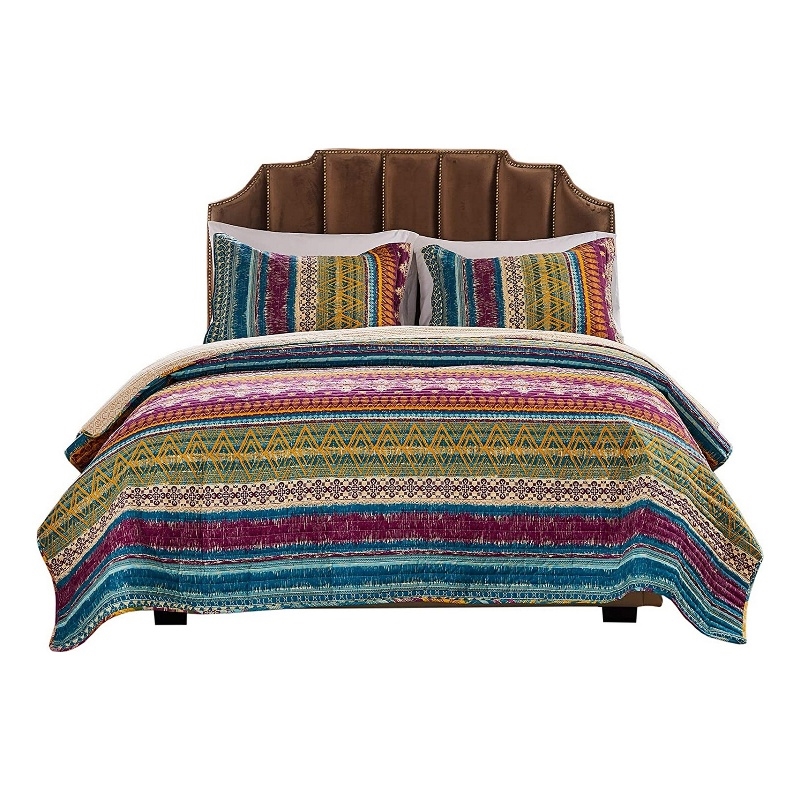 Benjara Tribal Motif Print Cotton Twin Quilt Set with 1 Pillow Sham- Multicolor
