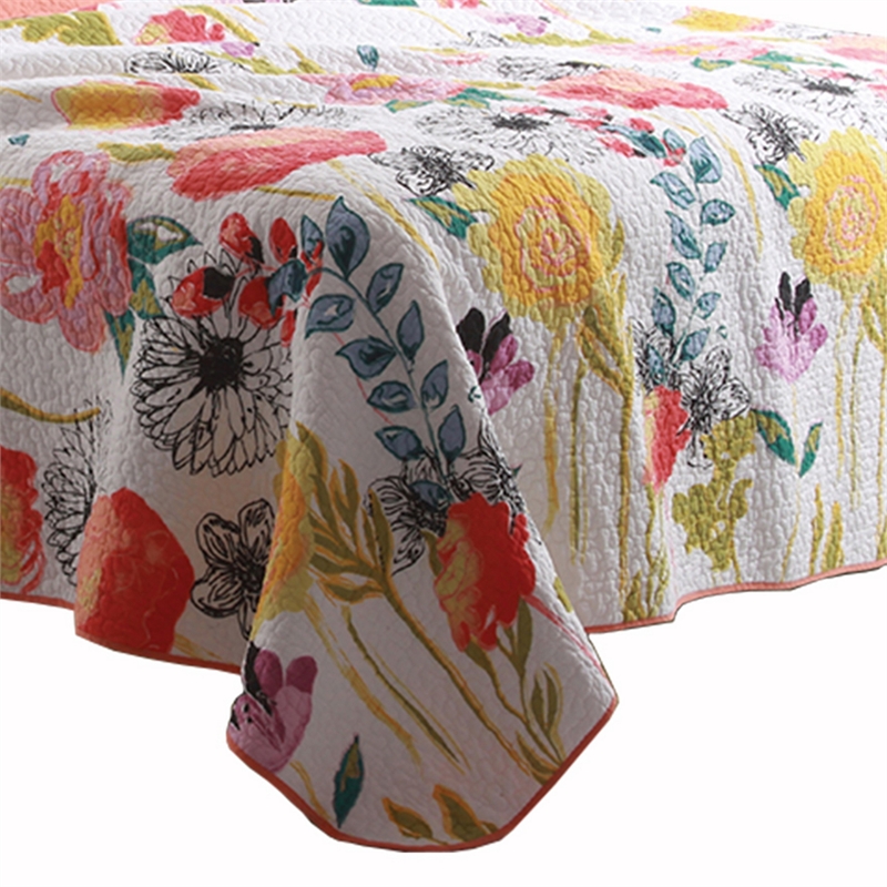Benjara 3 Piece Cotton Full Size Quilt Set with Stencil Flower Print- Multicolor