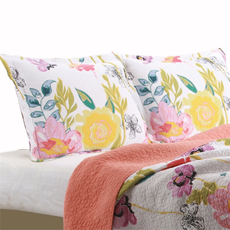 Benjara 3 Piece Cotton Full Size Quilt Set with Stencil Flower Print- Multicolor