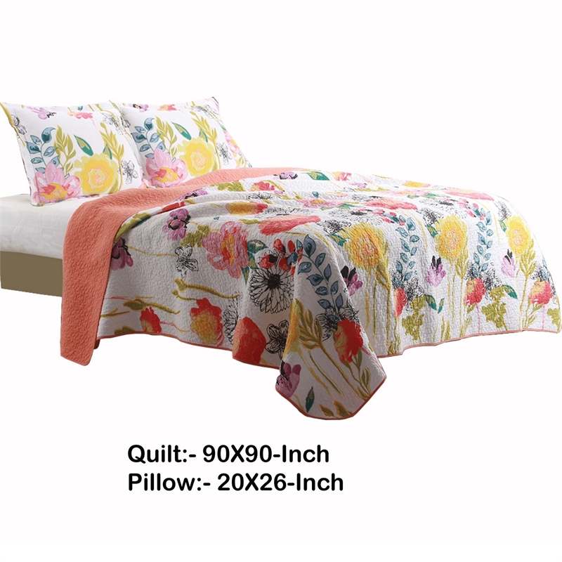 Benjara 3 Piece Cotton Full Size Quilt Set with Stencil Flower Print- Multicolor