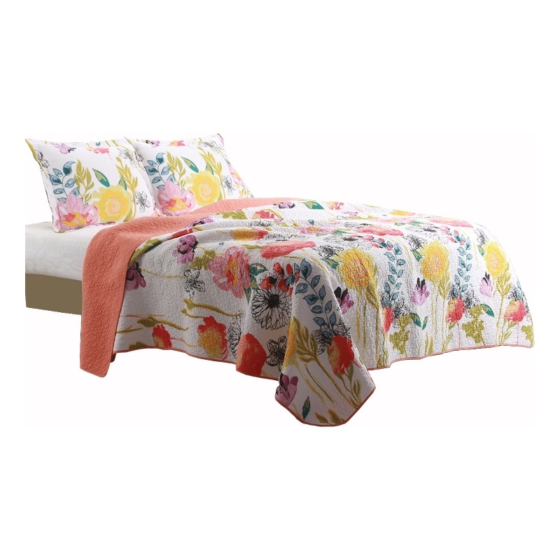 Benjara 3 Piece Cotton Full Size Quilt Set with Stencil Flower Print- Multicolor