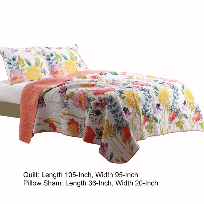 Benjara 3 Piece Cotton King Size Quilt Set with Stencil Flower Print- Multicolor