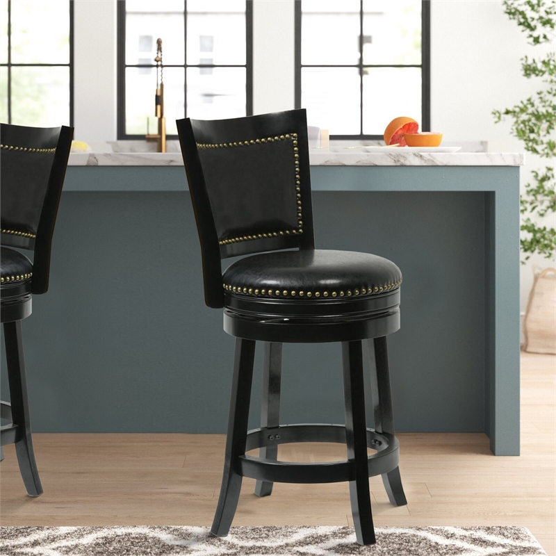 Benjara Nailhead Trim Round Leatherette Counter Stool with Flared Legs- Black
