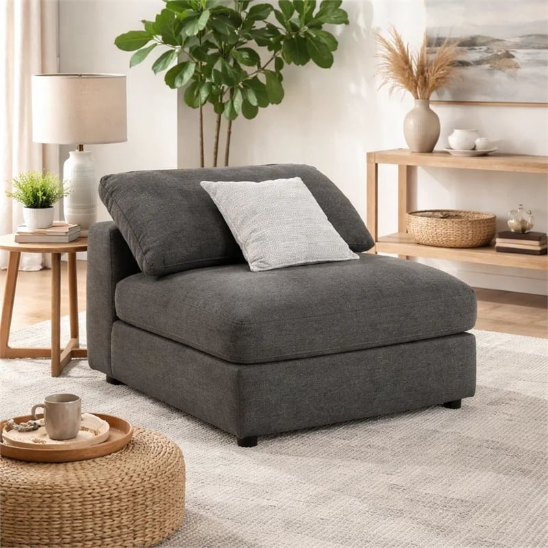 Benjara Fabric Wooden Armless Chair w/ Loose Cushion Seat & Small Feet-Dark Gray