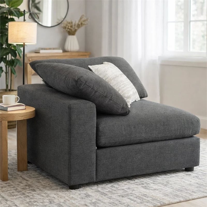 Benjara Fabric Wooden Corner Chair w/ Loose Cushion Seat & Small Feet-Dark Gray