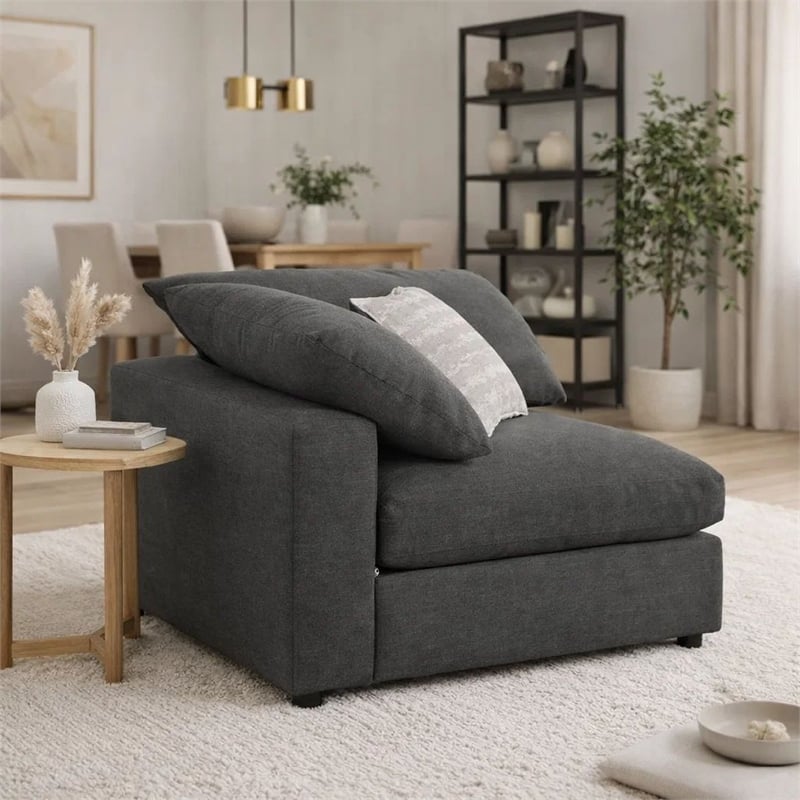 Benjara Fabric Wooden Corner Chair w/ Loose Cushion Seat & Small Feet-Dark Gray