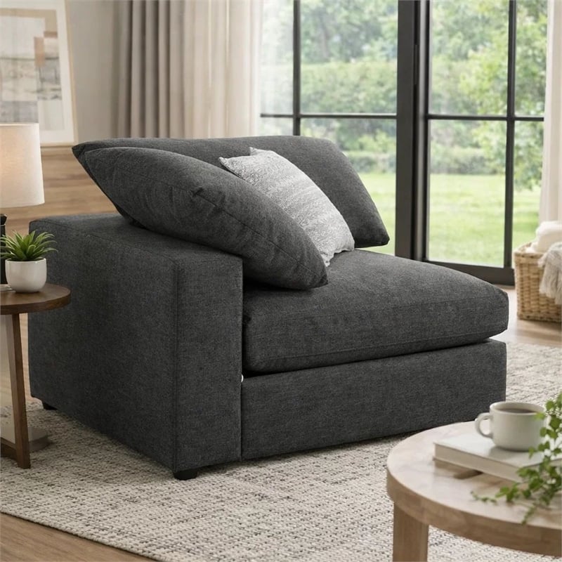 Benjara Fabric Wooden Corner Chair w/ Loose Cushion Seat & Small Feet-Dark Gray