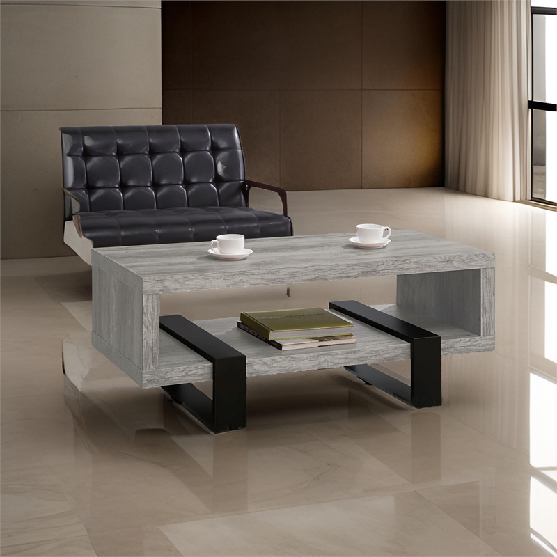 Benjara Modern Driftwood Open Shelf Coffee Table- Gray and Black